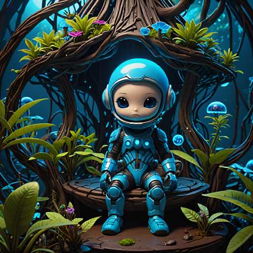 A small blue-skinned robot with a helmet and gloves is seated on a rock surrounded by green plants and mushrooms in a dark forest setting.