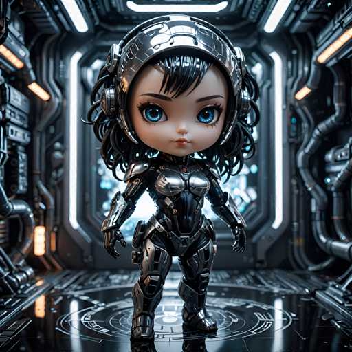 A 3D rendering of a female character with blue eyes and black hair wearing a silver helmet and armor standing on a black platform against a futuristic background featuring pipes and wires.