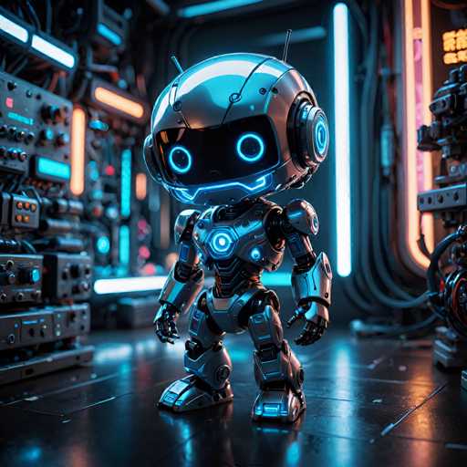 The image shows a 3D rendering of a robot standing on a black floor with blue neon lights illuminating the scene. The robot has a futuristic design and is wearing a helmet that displays blue lights. The background features various machines and equipment, suggesting an industrial or technological setting.