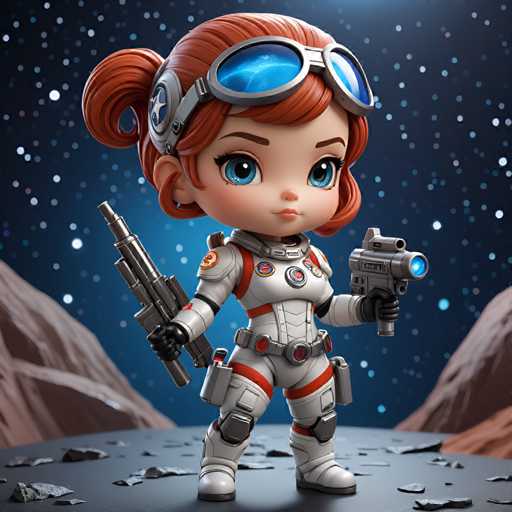 A 3D rendering of a cartoon girl with red hair and blue eyes wearing a white spacesuit with orange accents holding a gun and standing on a rocky surface against the backdrop of a starry night sky.