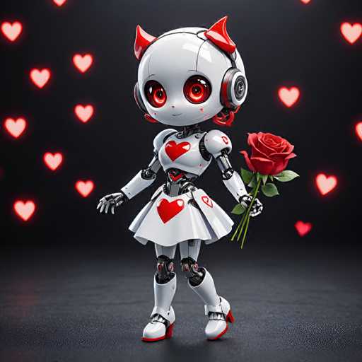 A robot with red ears and a white body is standing on a black surface holding a rose in its right hand. The robot has a white dress with red hearts on it and is wearing white shoes.