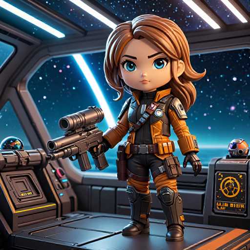 The image depicts a character from the Star Wars franchise standing on a platform with their arms crossed and holding a gun. The character is wearing an orange jumpsuit and has blue eyes.