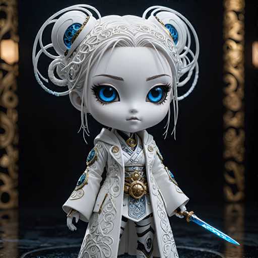 A white doll with blue eyes and a gold crown stands on a black surface against a dark background. The doll is dressed in a white robe adorned with gold accents and holds a sword in its right hand.