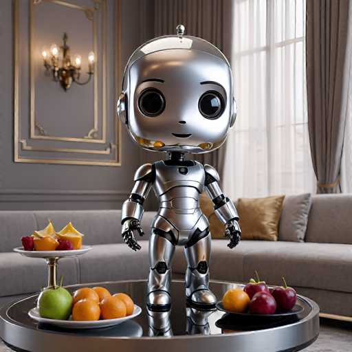 The image shows a silver robot standing on a black table with an arrangement of fruits and vegetables including apples, oranges, and grapes. The robot is positioned facing the camera, giving a clear view of its metallic body and arms.