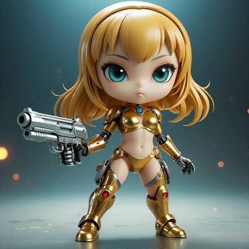 A 3D rendering of a female character with blonde hair and blue eyes wearing a gold armor suit holding a gun.