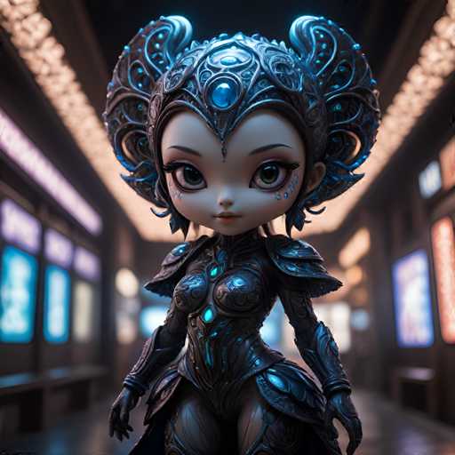 A figurine of a woman with blue eyes and a black headdress is the central figure in this image. The figurine is standing on one leg, facing towards the camera, giving it an air of confidence and poise. The background features a dark room with a large window that allows for natural light to enter, creating a dramatic atmosphere. There are also other figurines visible in the background, suggesting that this scene may be part of a larger collection or exhibition.