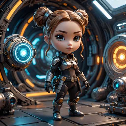 A 3D rendering of a young girl with brown hair and blue eyes wearing a black outfit with silver armor on her feet. The girl is standing in front of a futuristic space station with large circular panels that glow orange and yellow hues.