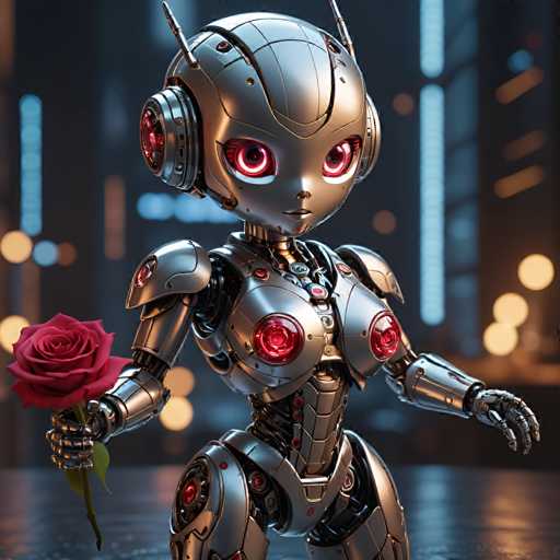 A robot with silver metallic skin and red eyes is holding a rose in its left hand while standing on a black surface against a dark background of city lights.