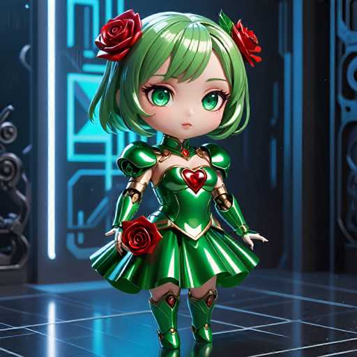 A 3D rendering of a doll with green hair and a red dress holding roses stands on a black platform against a blue background. The doll is wearing a gold helmet with a heart-shaped emblem and a crown on her head.