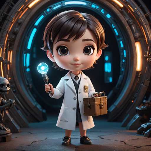 A 3D rendering of a cartoon girl with brown hair and blue eyes wearing a white lab coat holding a light bulb and a brown suitcase.