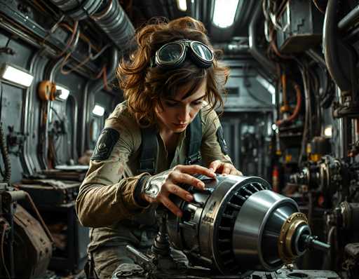 A woman wearing a green jumpsuit and goggles is working on an engine in a workshop filled with various tools and equipment.