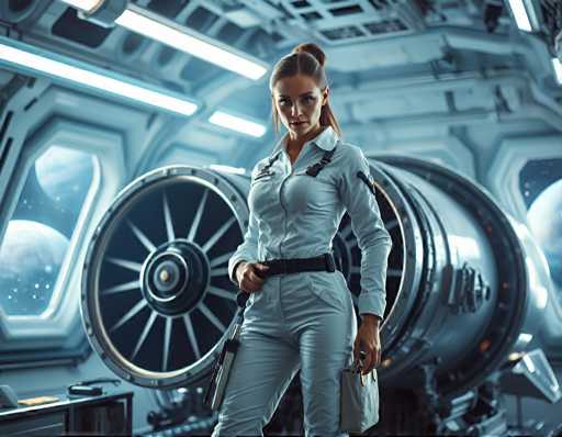 A woman dressed in a white jumpsuit with a black belt and carrying a bag stands in front of a large machine with the words "MACHINE" written on it. The background features a futuristic space station with multiple windows and a control panel visible above her head.