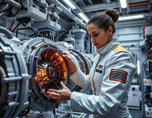 A woman wearing a white jumpsuit with red and black stripes is examining an orange-colored machine in a large industrial setting. The machine has a circular shape and features a large circular opening on its side.