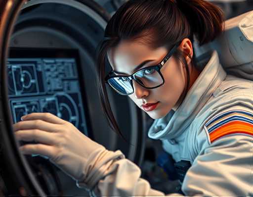 A woman wearing a white jumpsuit with orange and blue stripes is seated inside an airplane cockpit, looking at the camera while holding onto the controls of the aircraft.