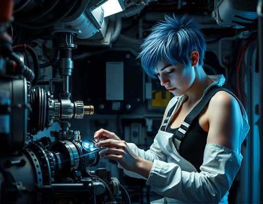 A woman with blue hair is working on a camera inside a dark room filled with various machines and equipment. She is wearing a white shirt and black pants while holding the camera up to her face as she focuses it.