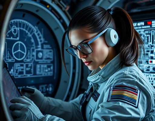 A woman wearing a white jumpsuit with a blue patch on her left shoulder and glasses is working at a computer desk inside a spaceship.