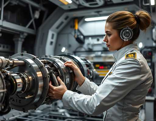 A woman wearing a white uniform with yellow stripes is working on an industrial machine that has multiple gears and pipes attached to it. She is focused on the task at hand, her hands moving over the various components of the machine. The background features a large metal structure, likely part of the factory setting where she works.