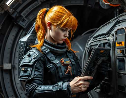 A woman with orange hair is standing inside a spaceship, wearing a black jumpsuit and holding a book titled "Guttal".