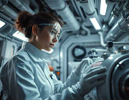 A woman wearing a white lab coat and safety goggles is examining an object with her gloved hand inside a large room filled with pipes and equipment.