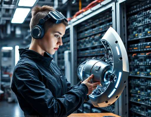 A woman wearing a black jacket and headphones is examining a silver robot with a blue head. The robot has a large head that appears to be made of metal or glass, and it is surrounded by other robots in the background.