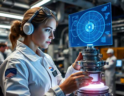 A woman wearing a white lab coat and headphones is examining a large machine with a blue screen displaying a circular pattern on it. The background shows other people working at the same location.