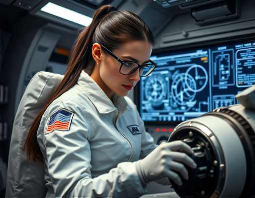 A woman wearing glasses and a white jumpsuit with an American flag patch is seated at a desk, focused on the controls of a spaceship dashboard.