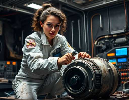 A woman wearing a white jumpsuit with red and yellow patches is crouched down next to an engine on the ground inside a dark room. She holds a tool in her hand as she looks at it intently.