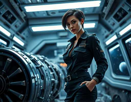 A woman stands confidently in front of a large black machine with a silver engine and a window that offers a view of the Earth's surface. She is dressed in a black jumpsuit and has her hands in her pockets. The room around her is filled with various machines and equipment, suggesting a space dedicated to exploration or research.