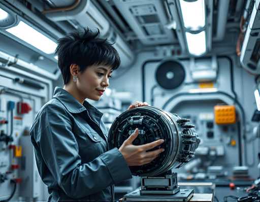 A woman with short black hair is standing at a workbench inside a large room filled with various machines and equipment. She is wearing a blue jacket and appears to be focused on examining an object on the table in front of her. The background reveals more of the industrial setting, including pipes and other machinery scattered throughout the space.
