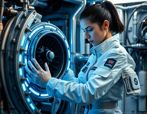 A woman dressed in a white jumpsuit with a British flag patch is standing next to a large machine that has blue lights on it and the words "British" written on it.