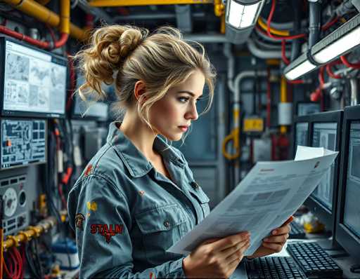 A woman with blonde hair is engrossed in reading a piece of paper while standing in front of a computer monitor and keyboard. The room around her has various pipes and wires hanging from the ceiling, suggesting an industrial setting or workspace.