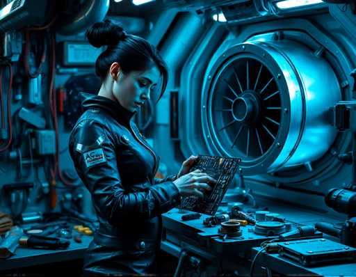 A woman wearing a black jumpsuit is working on a laptop computer with a blue screen and a silver fan in front of her. The background shows various tools and equipment scattered around the room.