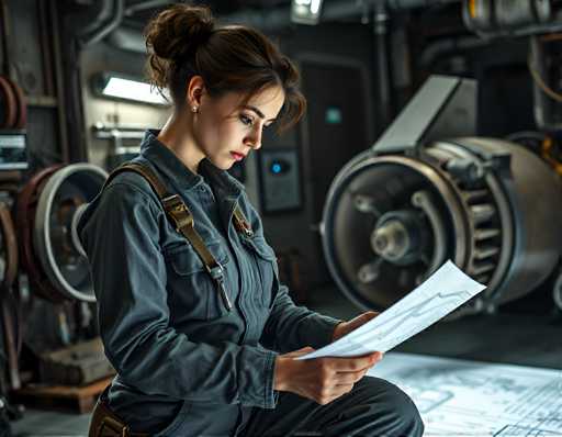 A woman is sitting on a bench and reading a piece of paper with her hands resting on the table. She has brown hair tied up in a bun and is wearing a blue jacket over a white shirt. The background shows an industrial setting with various machines and equipment scattered around.