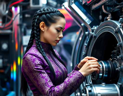 A woman with long dark hair wearing a purple dress is standing next to a large machine that has a blue and silver color scheme. She appears to be focused on the machine's inner workings or possibly working on it herself.