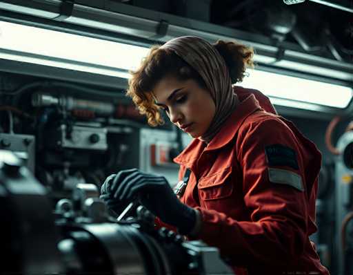 A woman with curly hair wearing a red jacket and a headscarf is working on an engine in a garage setting.