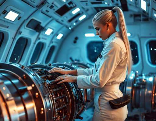 A woman with blonde hair is standing inside a large room filled with various machines and equipment. She is wearing a white jumpsuit and appears to be focused on one of the machines. The room has multiple windows that allow natural light to enter, creating an industrial atmosphere.