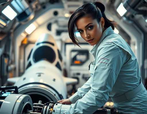 A woman wearing a white jumpsuit with a red stripe on her left shoulder is leaning over a large machine that has a black and silver color scheme. The background shows the interior of a spaceship or aircraft, suggesting an industrial setting.