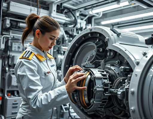 A woman wearing a white uniform with blue and yellow stripes is working on an industrial machine that has a large circular component attached to it. The machine appears to be made of metal and is situated in what appears to be a factory or workshop setting.