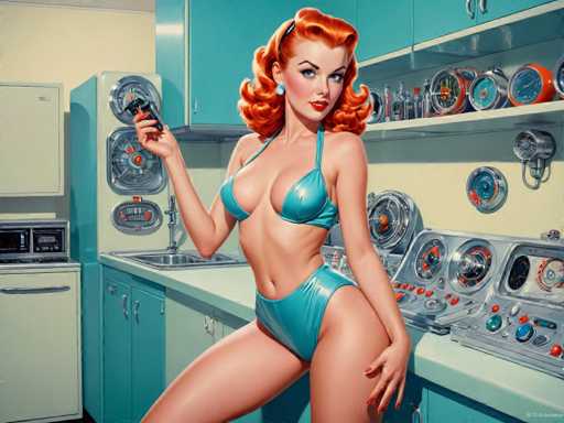 The image depicts a woman with red hair and an orange dress standing in front of a kitchen sink holding a phone. The background features various appliances such as a microwave and oven, suggesting the setting is likely a modern home or apartment.