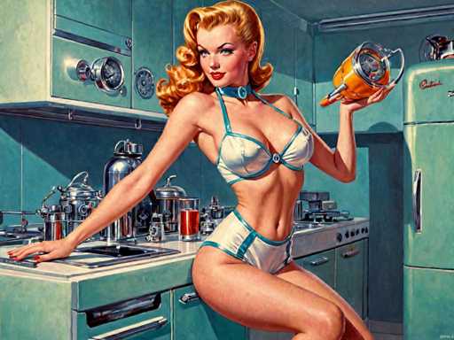 The image depicts a woman with blonde hair and red lipstick standing in front of an open kitchen sink holding a yellow pitcher. The kitchen is painted in a light blue color, and the woman's attire consists of a white bikini top and a matching white swimsuit bottom.