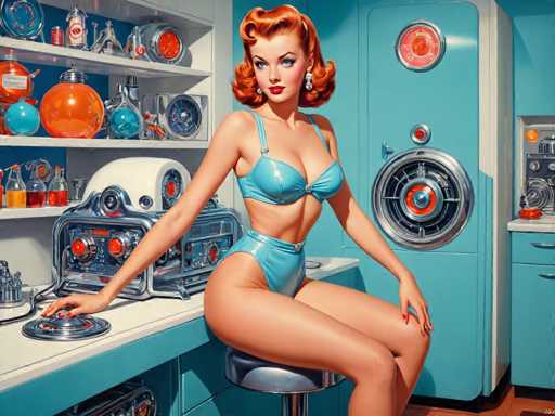 The image depicts a woman wearing a blue bikini top and matching swimsuit sitting on a stool at the counter of an old-fashioned kitchen with a sink and stove visible behind her. The kitchen is filled with various objects such as bottles, bowls, and other items that suggest it was used for cooking or food preparation in the past.