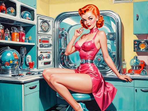 The image depicts a woman with red hair and an orange dress sitting on a stool in front of a kitchen counter filled with various objects such as bottles, bowls, and a clock. The background features a blue wall with a window that allows natural light to enter the room.