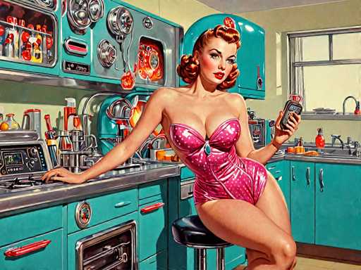 The image depicts a woman wearing a pink corset and a matching pink dress with a red bow on her head, standing in front of a kitchen sink holding a bottle of dish soap. The kitchen is painted in a vibrant shade of blue, and the woman's attire complements the color scheme.