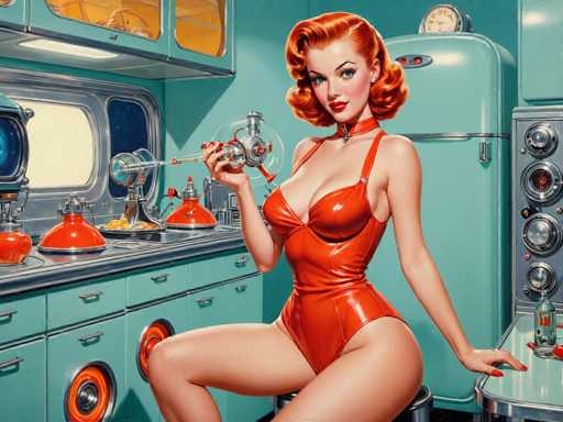 The image depicts a woman wearing an orange dress and red lipstick posing in front of a kitchen sink with a wine glass held in her hand. The background features a blue refrigerator and various kitchen appliances such as a microwave and oven.