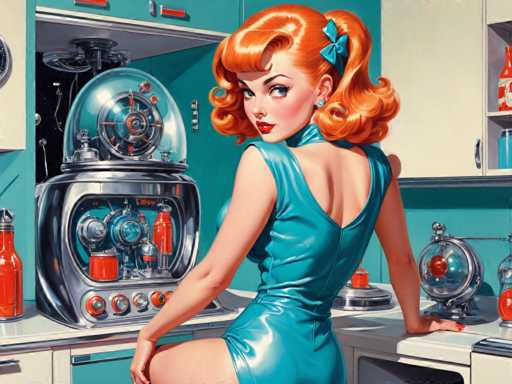 The image depicts a woman with red hair and an orange dress standing in front of a kitchen counter filled with various objects including a blue dishwasher, a silver sink, and a green bottle on the countertop. The background features a blue wall with a clock hanging above it.