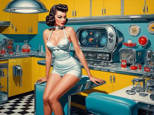 The image depicts a woman wearing a white dress and high heels sitting on the counter of an old-fashioned kitchen with yellow cabinets and a blue stove. The kitchen is filled with various appliances such as a toaster oven, blender, and coffee maker.