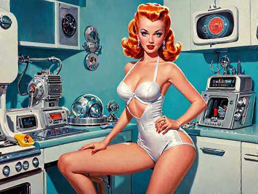 The image depicts a woman with red hair and an orange dress standing in front of a kitchen counter filled with various appliances including a stove, oven, microwave, and sink. The woman is posing confidently for the camera while wearing a white swimsuit that contrasts with her fiery hair color.