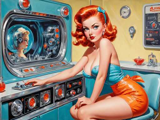 The image depicts a woman with red hair and an orange dress seated on a chair in front of a large television screen displaying two women inside the television set. The television is situated against a yellow wall, which contrasts with the blue cabinet behind it.