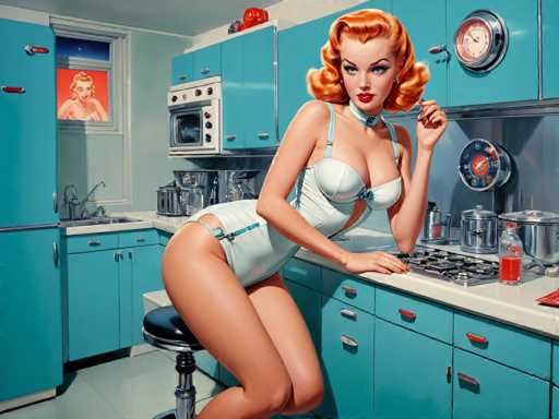 The image depicts a woman with red hair and an orange dress standing in the center of a kitchen. She is wearing a white strapless bra and has her legs crossed over her right hand. The kitchen features blue cabinets and a stove, creating a vintage atmosphere. A clock on the wall indicates that it's daytime outside.