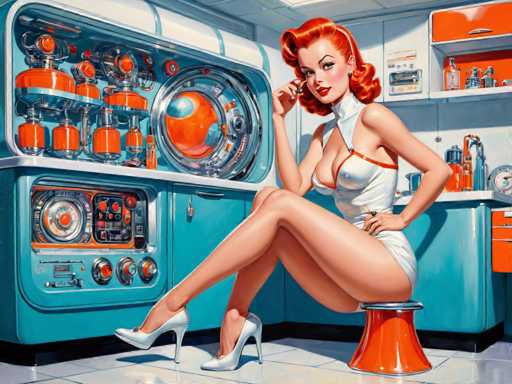 The image depicts a woman with red hair and an orange dress sitting on a stool next to a blue oven. The woman is holding a phone to her ear while wearing high heels.